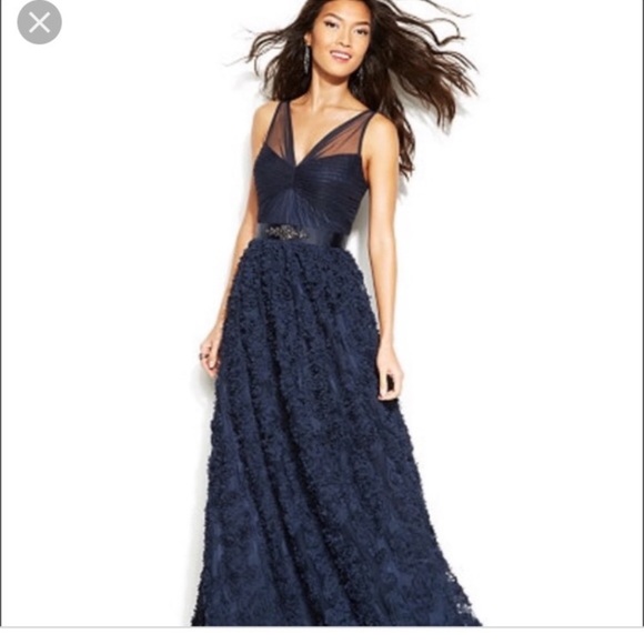 Adrianna-Papell rosette mesh Jewels illusion Neckline long gown - Picture 2 of 13